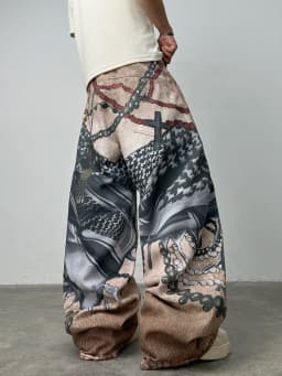 Men's Loose Wide-Leg Jeans With American High Street 3D Chain Print, Y2K Street Hip-Hop Trendy Versatile Pants