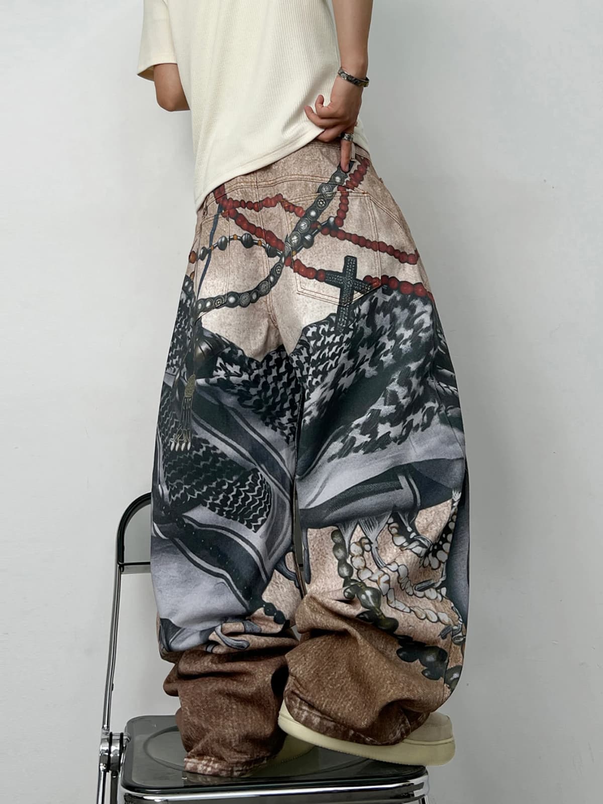 Men's Loose Wide-Leg Jeans With American High Street 3D Chain Print, Y2K Street Hip-Hop Trendy Versatile Pants