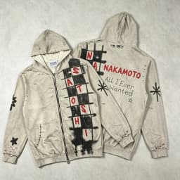 New Arrival SATOSHI NAKAMOTO Unisex Zip Hoodie Checkered Graffiti Star Rhinestone Oversized Hip‑Hop Jacket