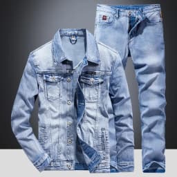 Men's Denim Jacket Jeans Pants Letters Printing Long Coat Trousers 2 Pcs Set Casual Single Breasted