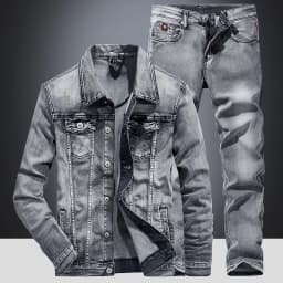 Men's Denim Jacket Jeans Pants Letters Printing Long Coat Trousers 2 Pcs Set Casual Single Breasted