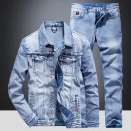 Men's Denim Jacket Jeans Pants Letters Printing Long Coat Trousers 2 Pcs Set Casual Single Breasted