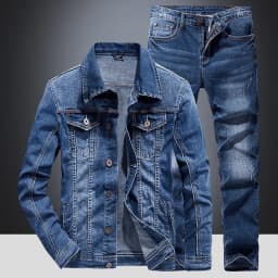 Men's Denim Jacket Jeans Pants Letters Printing Long Coat Trousers 2 Pcs Set Casual Single Breasted