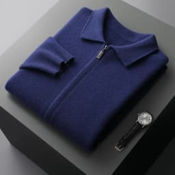 Men's Cardigan 100% Pure Cashmere Jacket Zippered Lapel Knit Sweater, Loose Thickened Long Sleeved Business Casual Autumn Winter