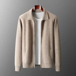 Men's Cardigan 100% Pure Cashmere Jacket Zippered Lapel Knit Sweater, Loose Thickened Long Sleeved Business Casual Autumn Winter