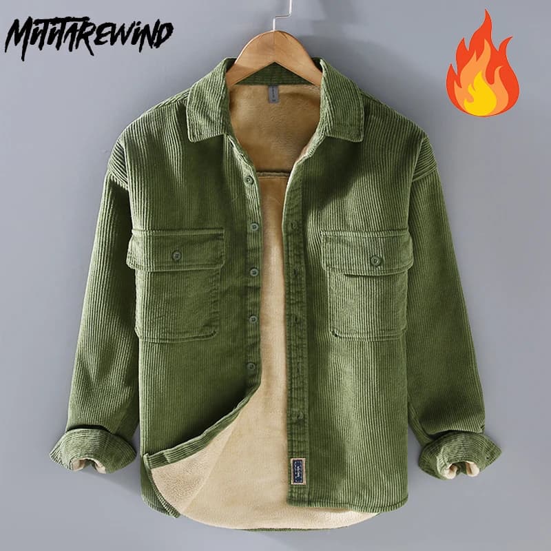 Harajuku Winter Mens Shirts Daily Casual Fleece Warm Top Solid Color Corduroy Long Sleeve Shirt with Pockets Loose Vintage Shirt