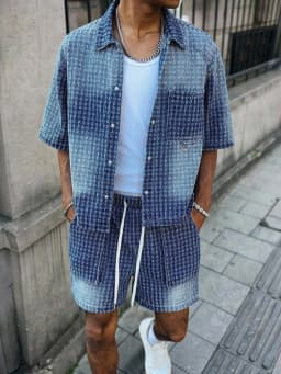 Men's Jacquard Textured Gradient Washed Denim Matching Set, Short Sleeve Button Down Shirt & Drawstring Cargo Shorts