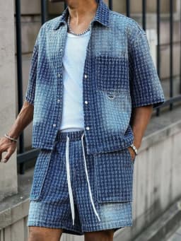 Men's Jacquard Textured Gradient Washed Denim Matching Set, Short Sleeve Button Down Shirt & Drawstring Cargo Shorts