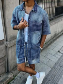 Men's Jacquard Textured Gradient Washed Denim Matching Set, Short Sleeve Button Down Shirt & Drawstring Cargo Shorts