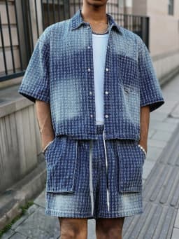 Men's Jacquard Textured Gradient Washed Denim Matching Set, Short Sleeve Button Down Shirt & Drawstring Cargo Shorts