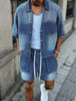 Men's Jacquard Textured Gradient Washed Denim Matching Set, Short Sleeve Button Down Shirt & Drawstring Cargo Shorts