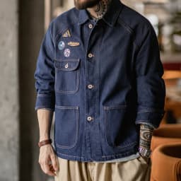 Maden Vintage Embroidered Badge 12.8oz Heavyweight Denim Jacket Washed Lapel Casual Outerwear for Men Spring and Fall Chore Coat
