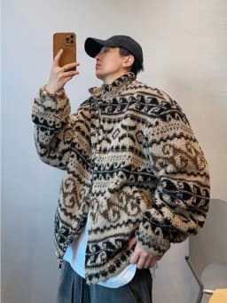 Winter Ethnic Jacquard Sherpa Jacket Men Geometry Stand Collar Coat Thickened Warm Fur Jacket Street Zip-Front Winter Outerwear