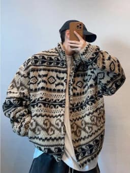 Winter Ethnic Jacquard Sherpa Jacket Men Geometry Stand Collar Coat Thickened Warm Fur Jacket Street Zip-Front Winter Outerwear