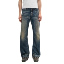 Button‑Fly Cat‑Whisker Pleated Indigo Selvedge Bootcut Jeans