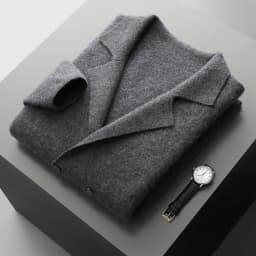 Men's Suit Collar Cardigan 100% Pure Wool Sweater Coat Autumn Winter Chic Pocket Business Casual Wool Outerwear Knitwear Top