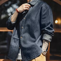 Maden Retro Checkered Long-sleeved Denim Shirt Loose Lapel Single-breasted Jacket for Men Spring and Fall Versatile Outerwear