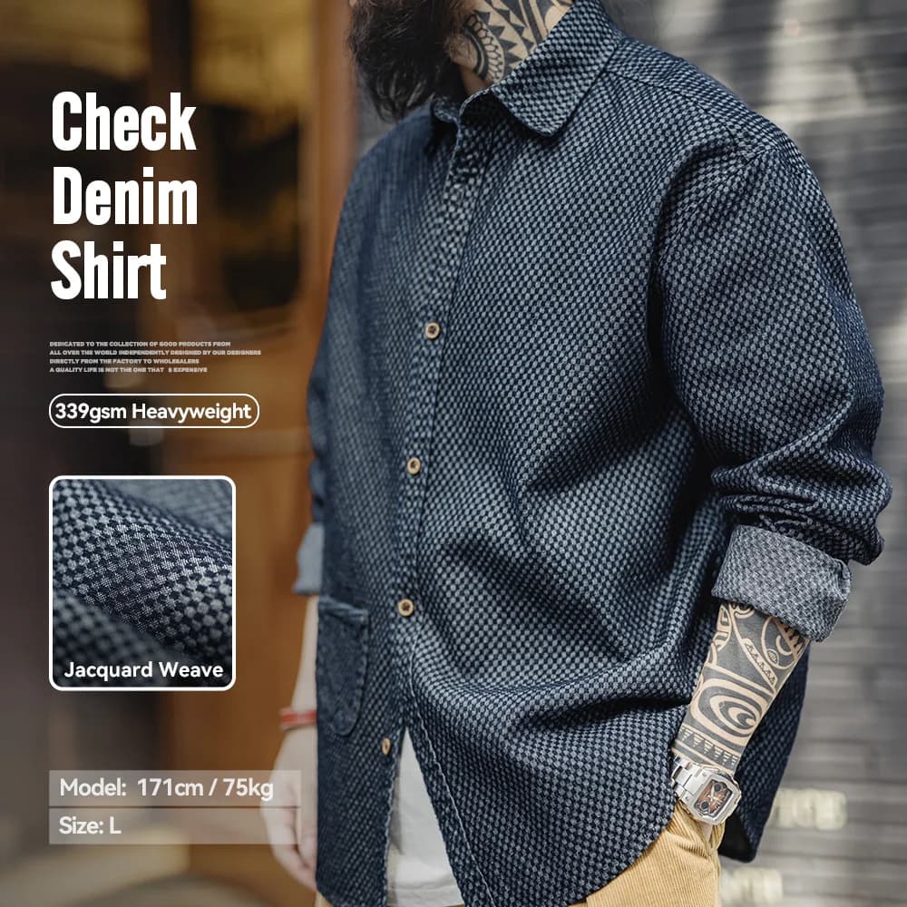Maden Retro Checkered Long-sleeved Denim Shirt Loose Lapel Single-breasted Jacket for Men Spring and Fall Versatile Outerwear