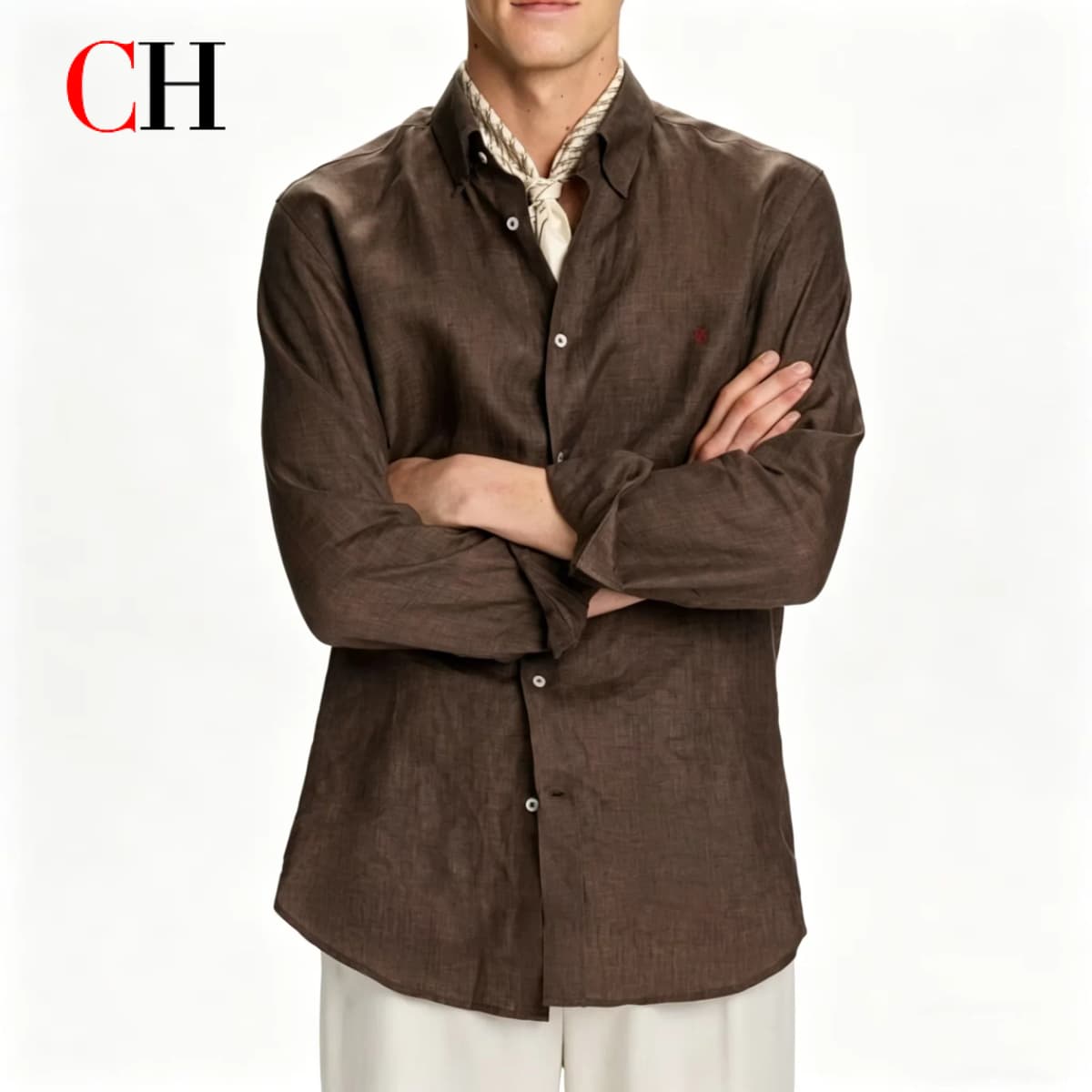 CH Linen Embroidered Long Sleeve Shirt Men Elegant Style Button Up Collar Breathable Casual Daily Tops