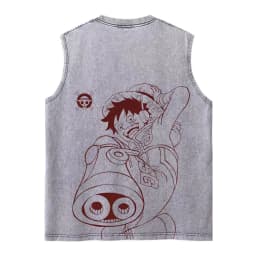 Harajuku Retro Sleeveless T-Shirts Streetwear Vintage Washed Anime One Piece Graphic Print Men Vest Tops Tees Retro Oversize