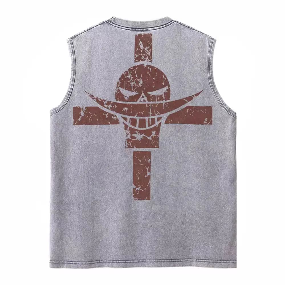 Harajuku Retro Sleeveless T-Shirts Streetwear Vintage Washed Anime One Piece Graphic Print Men Vest Tops Tees Retro Oversize