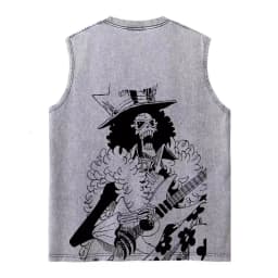 Harajuku Retro Sleeveless T-Shirts Streetwear Vintage Washed Anime One Piece Graphic Print Men Vest Tops Tees Retro Oversize