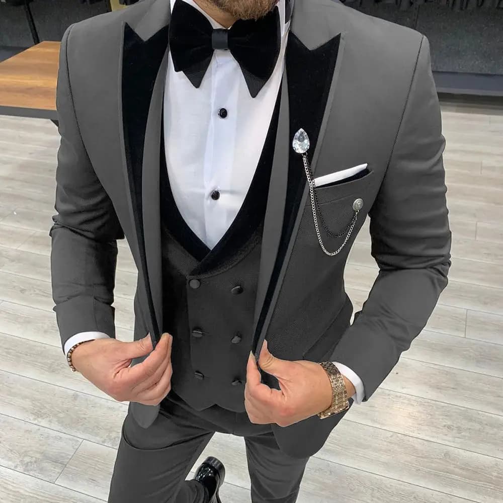 Mens Suits Wave Point Three Pieces Men Dress Suits Casual Commuter Office Business Suits for Wedding (Blazer+Vest+Pants)
