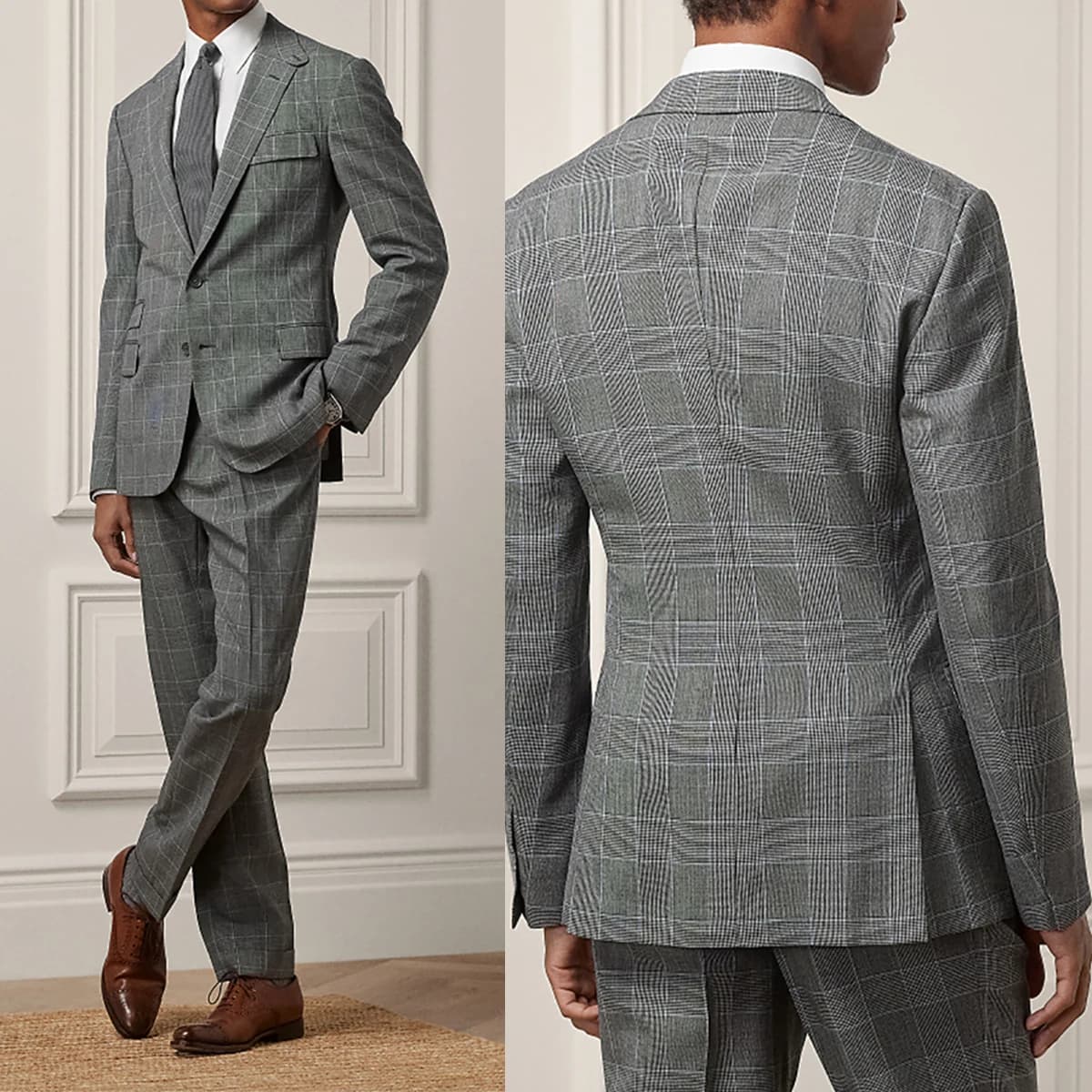 Gray Men's Suits 2 Pieces Blazer Pants Single Breaste Peaked Lapel Plaid Stripes Wedding Formal Custom Made Plus Size