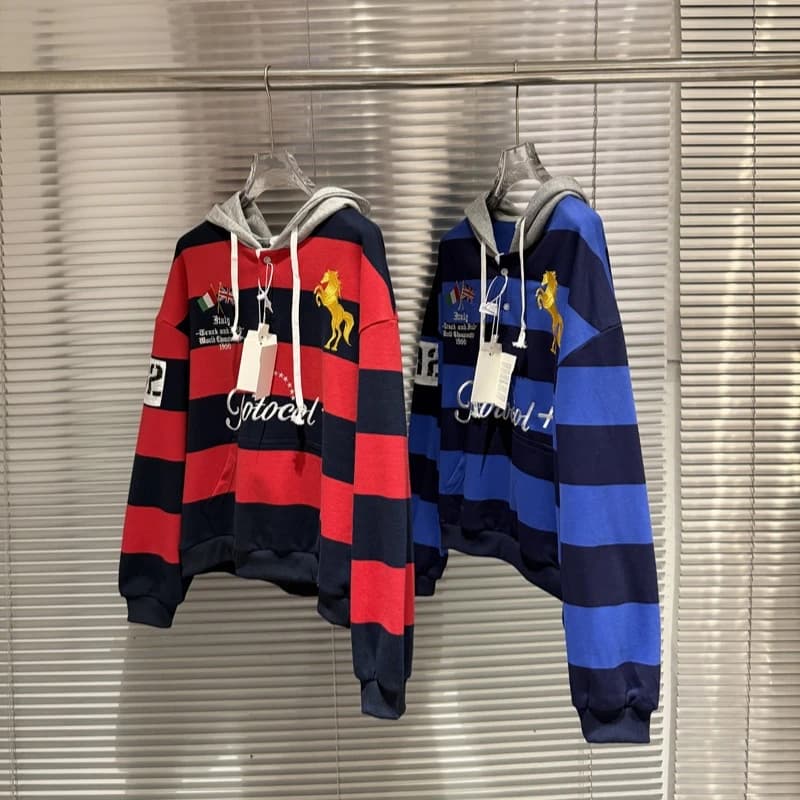 Protocol Striped Embroidered Sweatshirt High Street Warhorse Retro Men Women Casual Hoody