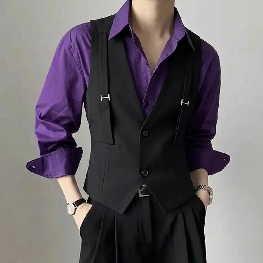 British Style Shoulder Strap Decoration Suit Vest for Men V-neck Casual Business Waistcoat Party Waiter Wedding Uniform Vests