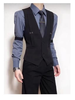 British Style Shoulder Strap Decoration Suit Vest for Men V-neck Casual Business Waistcoat Party Waiter Wedding Uniform Vests