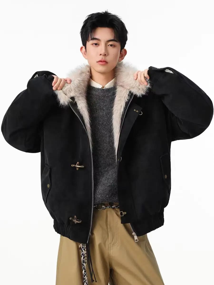 Bomber jacket for men and women thickened wool inner American aircraft buckle fashion stand-up collar parka retro jacket