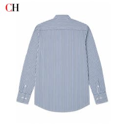 CH Mens Button Collar Thin Blue White Vertical Stripe Tone Embroidery Curved Hem Long Sleeve Shirt Office Daily Top