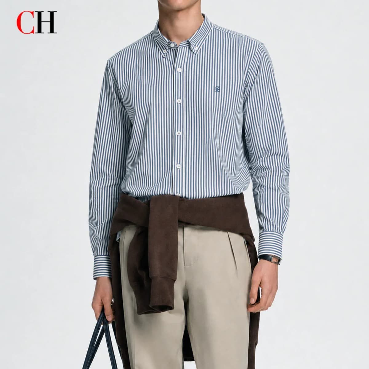 CH Mens Button Collar Thin Blue White Vertical Stripe Tone Embroidery Curved Hem Long Sleeve Shirt Office Daily Top