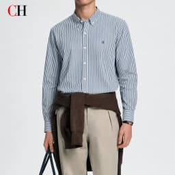 CH Mens Button Collar Thin Blue White Vertical Stripe Tone Embroidery Curved Hem Long Sleeve Shirt Office Daily Top