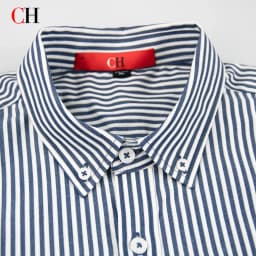 CH Mens Button Collar Thin Blue White Vertical Stripe Tone Embroidery Curved Hem Long Sleeve Shirt Office Daily Top