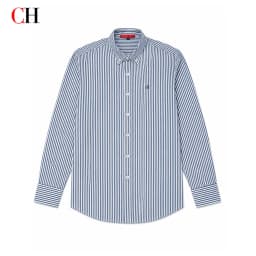 CH Mens Button Collar Thin Blue White Vertical Stripe Tone Embroidery Curved Hem Long Sleeve Shirt Office Daily Top