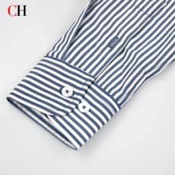 CH Mens Button Collar Thin Blue White Vertical Stripe Tone Embroidery Curved Hem Long Sleeve Shirt Office Daily Top
