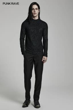 PUNK RAVE Men's Gothic Daily Turtlenecks Simple Printed T-shirt  Punk Handsome Cool Long Sleeve Tops Spring Autumn