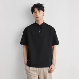 Men's Heavyweight 240g New Chinese Stand Collar Button Short Sleeve T-shirt Summer Loose Drop Shoulder Minimal Casual Top