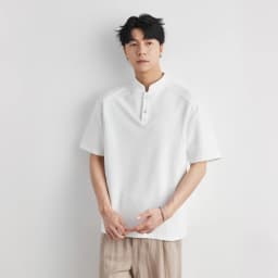 Men's Heavyweight 240g New Chinese Stand Collar Button Short Sleeve T-shirt Summer Loose Drop Shoulder Minimal Casual Top