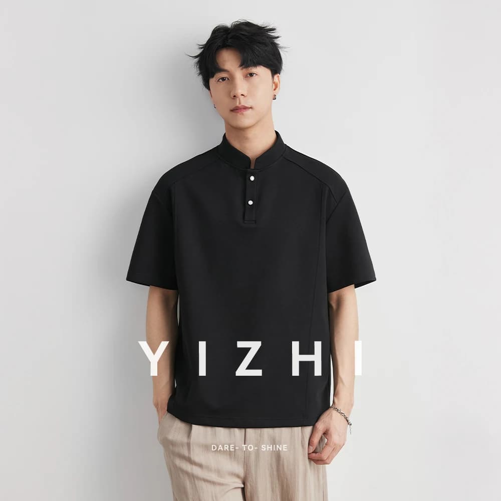 Men's Heavyweight 240g New Chinese Stand Collar Button Short Sleeve T-shirt Summer Loose Drop Shoulder Minimal Casual Top