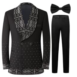 Men Black Double Breasted Tuxedo Suit 2 Pieces Silver Embroidery Rhinestone Shawl Lapel Slim Fit Jacket Pants Set Wedding Groom Blazer For Party Prom