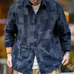 Maden Boro Style Vintage Blue Cloth Shirts for Men Plaid Patchwork Long Sleeve Shirts Regular Fit jacket Top Daily Casual Wear