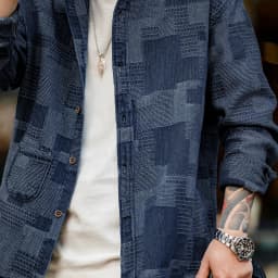 Maden Boro Style Vintage Blue Cloth Shirts for Men Plaid Patchwork Long Sleeve Shirts Regular Fit jacket Top Daily Casual Wear