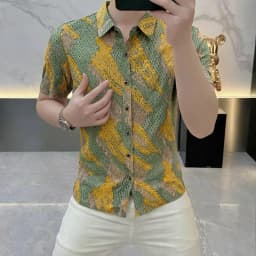 2026 Summer Retro Printed Shirt Men's Short Sleeved T-shirt Elastic Ice Silk Slim Breathable Casual Business Shirt Men Clothing