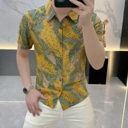 2026 Summer Retro Printed Shirt Men's Short Sleeved T-shirt Elastic Ice Silk Slim Breathable Casual Business Shirt Men Clothing