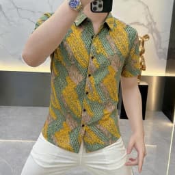 2026 Summer Retro Printed Shirt Men's Short Sleeved T-shirt Elastic Ice Silk Slim Breathable Casual Business Shirt Men Clothing