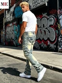 HME Men's Vintage Denim Pants, Stacked Ripped Flared Jeans with Layered Frayed Stitching