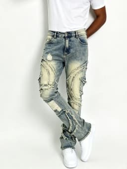 HME Men's Vintage Denim Pants, Stacked Ripped Flared Jeans with Layered Frayed Stitching